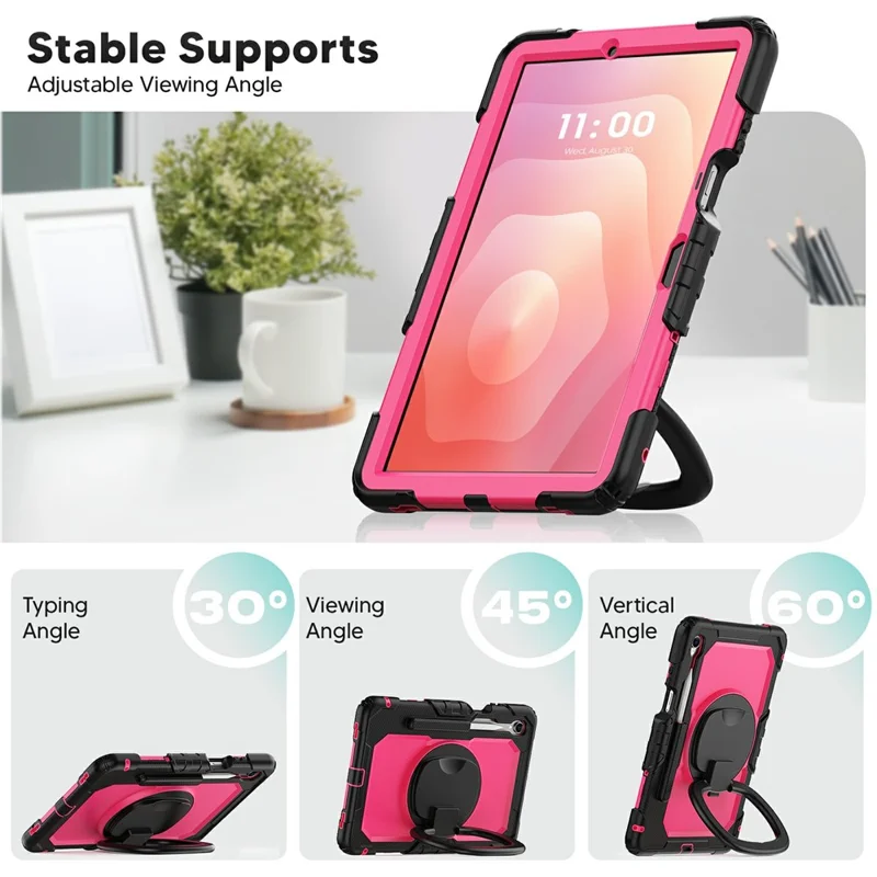 For Samsung Galaxy Tab S11 Kickstand Case PC + Silicone Tablet Cover with Shoulder Strap - Black / Rose