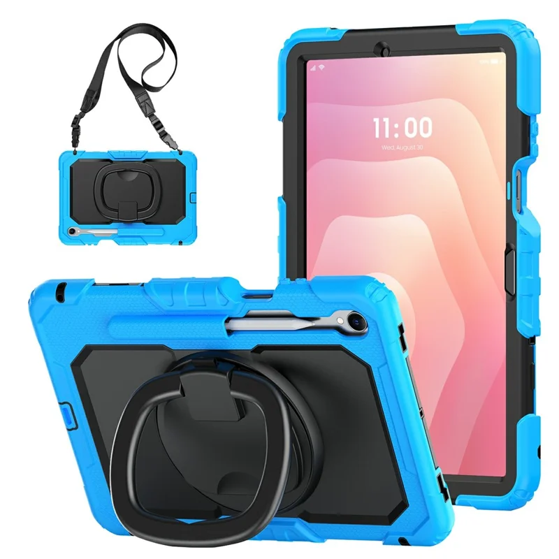 For Samsung Galaxy Tab S11 Kickstand Case PC + Silicone Tablet Cover with Shoulder Strap - Baby Blue