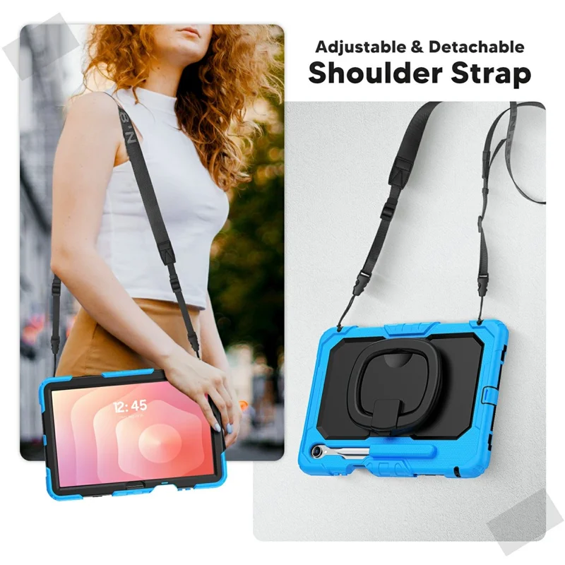 For Samsung Galaxy Tab S11 Kickstand Case PC + Silicone Tablet Cover with Shoulder Strap - Baby Blue
