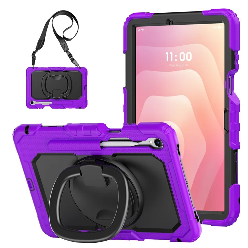 For Samsung Galaxy Tab S11 Kickstand Case PC + Silicone Tablet Cover with Shoulder Strap - Purple