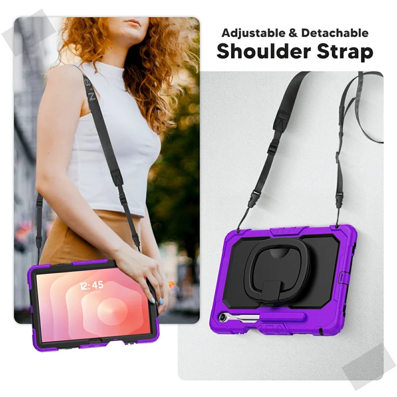 For Samsung Galaxy Tab S11 Kickstand Case PC + Silicone Tablet Cover with Shoulder Strap - Purple