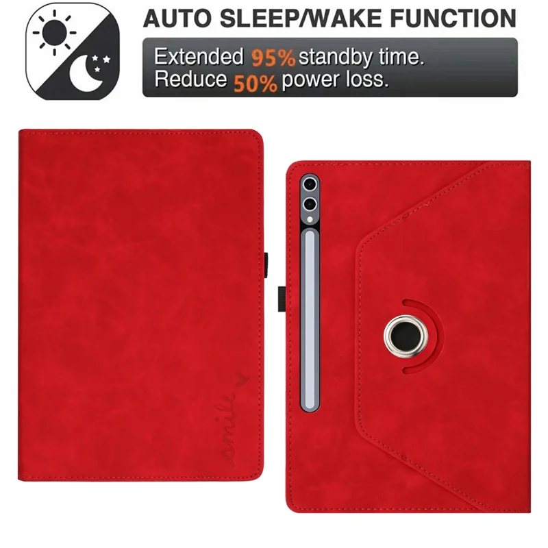 Microfiber Leather Case for Samsung Galaxy Tab S10+ / S9 FE+ / S9+ Rotating Stand Card Holder Smile Imprinted Tablet Cover - Red