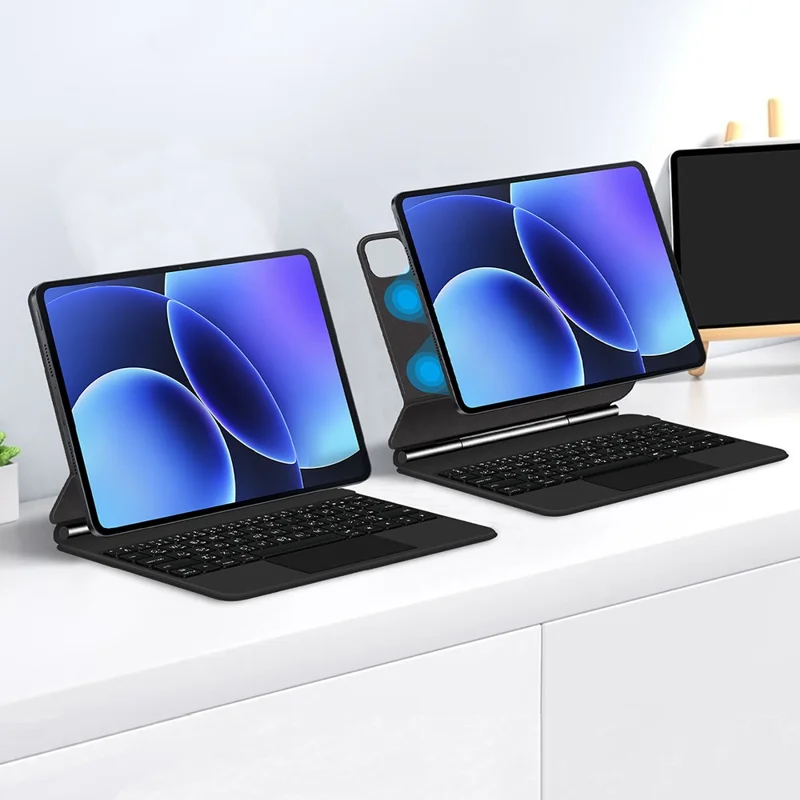 For Xiaomi Pad 8 Floating Magnetic Bluetooth-Compatible Keyboard (Arabic) + Leather Tablet Case - Black