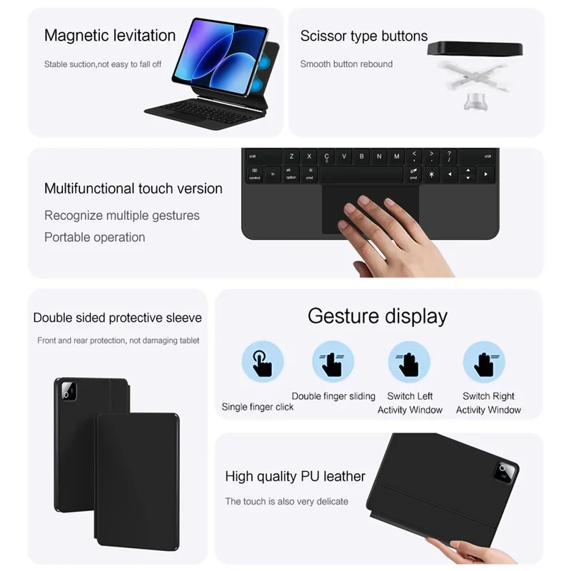Teclado Bluetooth compatible con Xiaomi Pad 8 Magnetic Floating (inglés) + Funda de cuero para tableta - Negro