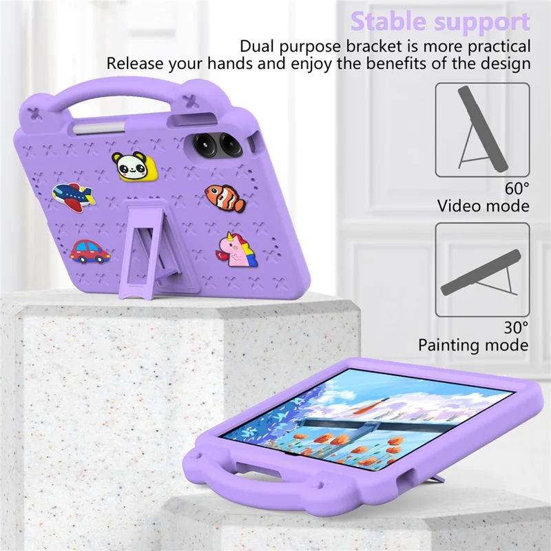 غطاء لجهاز Xiaomi Redmi Pad 2 Pro مع أنماط كرتونية للأطفال، مقبض يد، حامل قابل للطي، غطاء من مادة EVA - أرجواني
