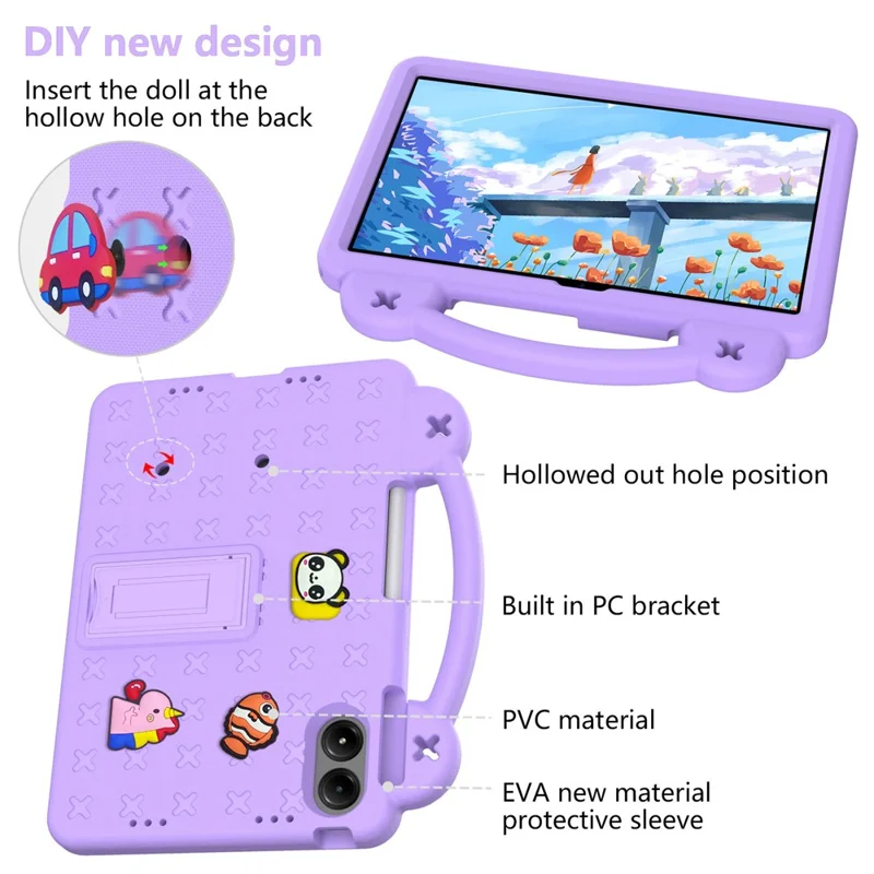 غطاء لجهاز Xiaomi Redmi Pad 2 Pro مع أنماط كرتونية للأطفال، مقبض يد، حامل قابل للطي، غطاء من مادة EVA - أرجواني