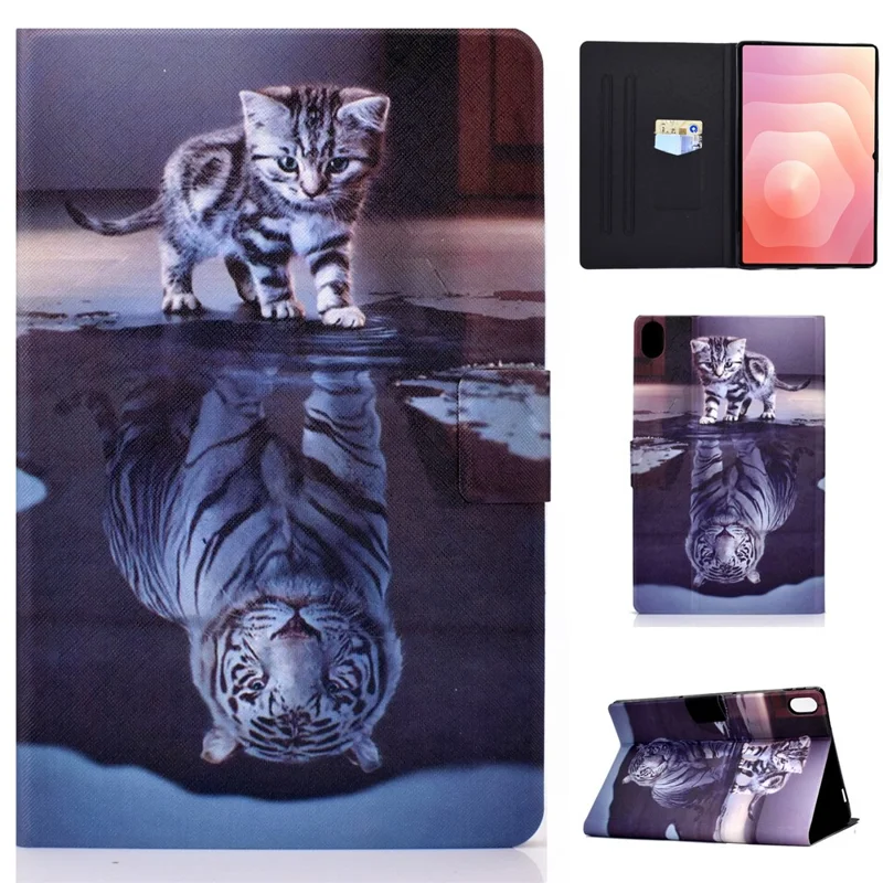 Capa de Couro com Padrão Impresso e Suporte para Samsung Galaxy Tab S11 - Gato e Tigre