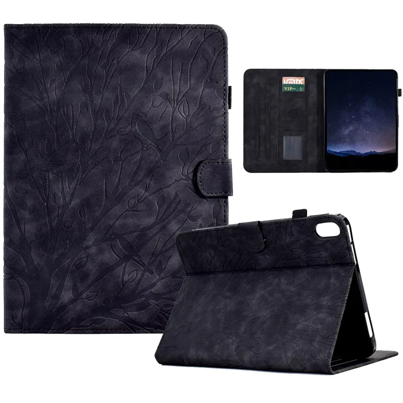 For Samsung Galaxy Tab S11 Leather Case Tree Pattern Card Slots Stand Cover - Black