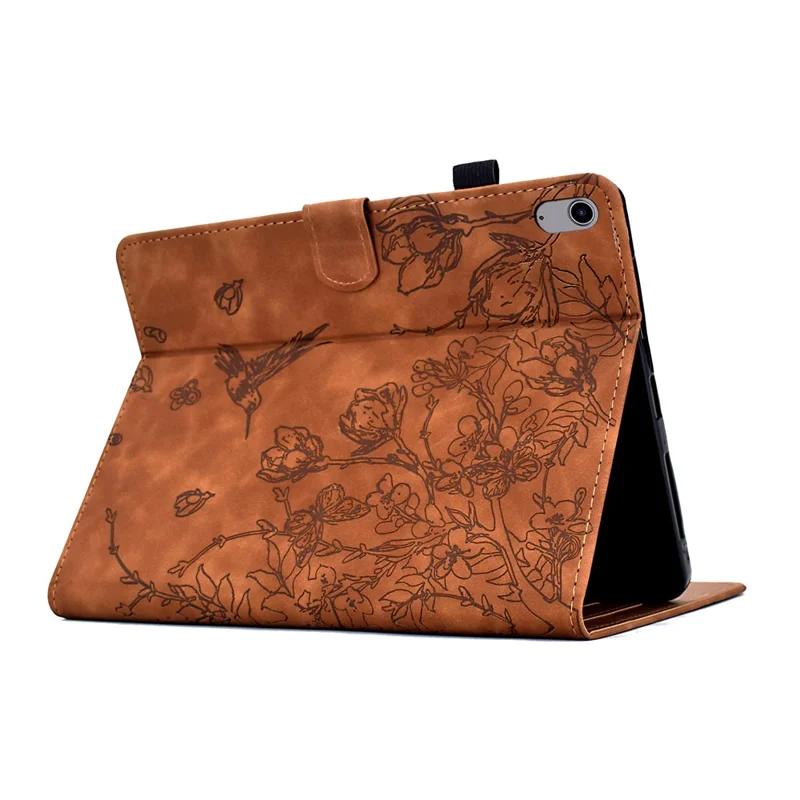 For Samsung Galaxy Tab S11 Case Flower Bird Imprinted Card Holder Leather Tablet Cover - Brown