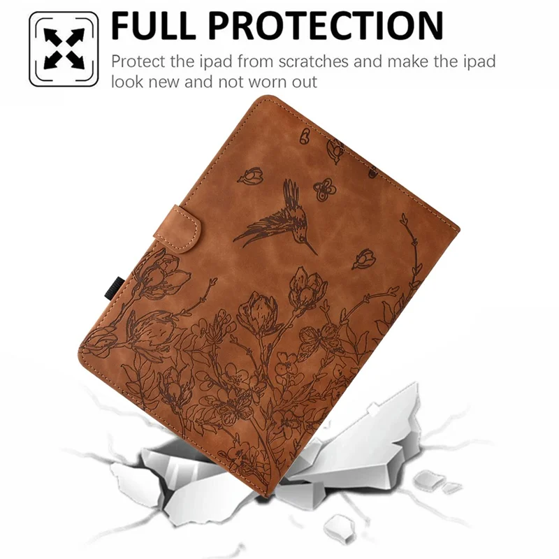 For Samsung Galaxy Tab S11 Case Flower Bird Imprinted Card Holder Leather Tablet Cover - Brown