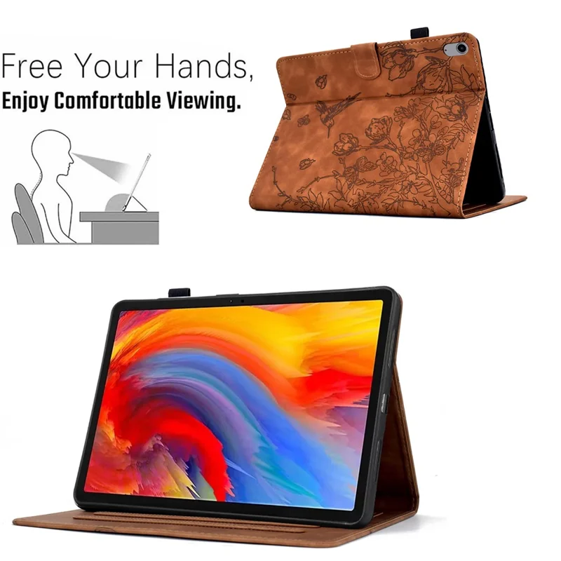 For Samsung Galaxy Tab S11 Case Flower Bird Imprinted Card Holder Leather Tablet Cover - Brown