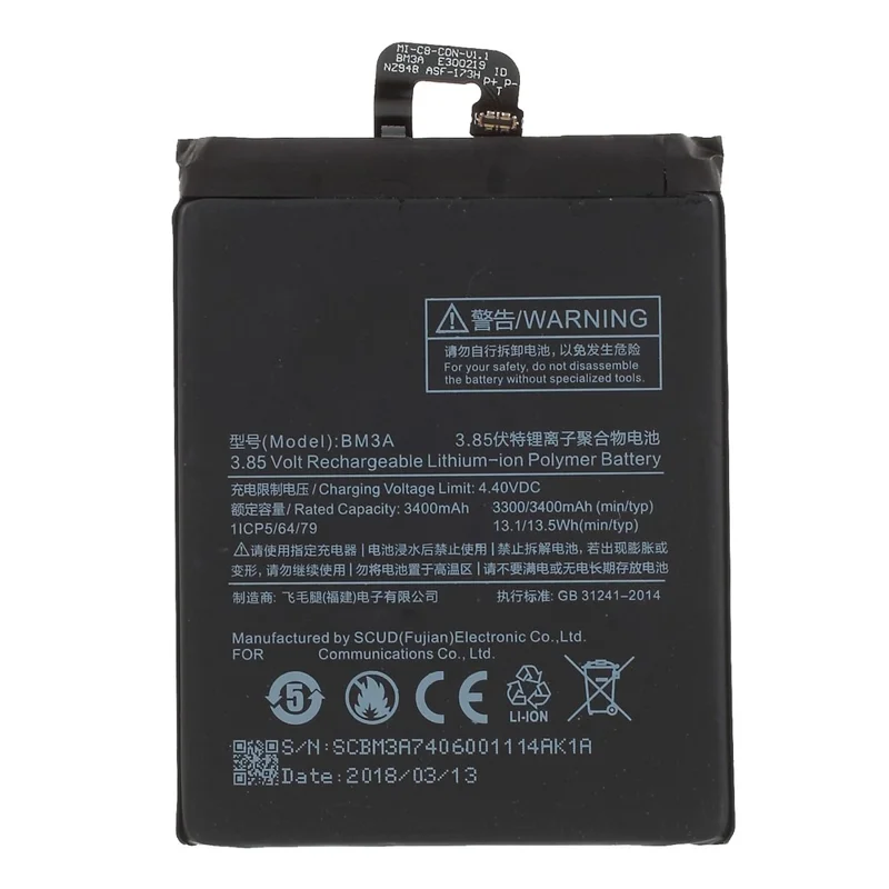 For Xiaomi Mi Note 3 3400mAh 3.85V Rechargeable Li-ion Polymer Battery Phone Parts (BM3A) (without Logo)