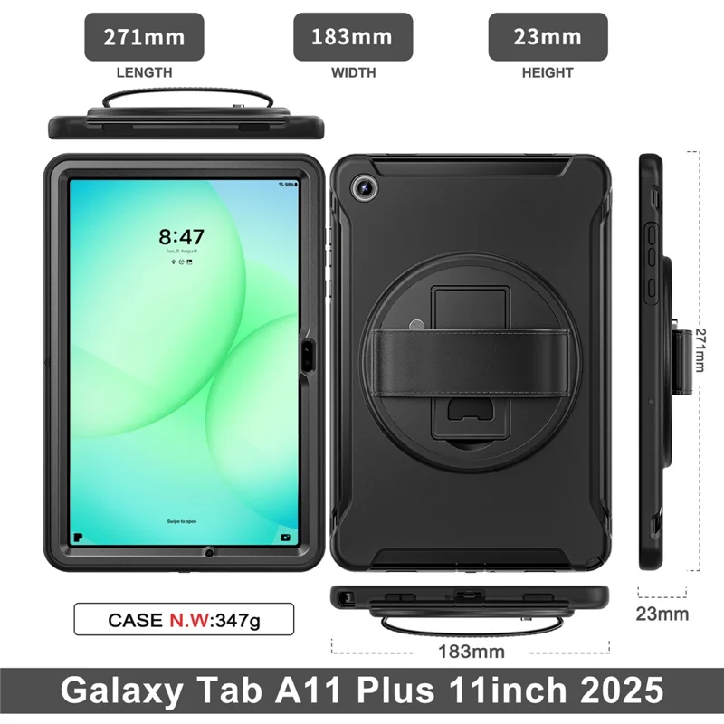 For Samsung Galaxy Tab A11+ Case Kickstand PC + TPU + Silicone Cover - Black