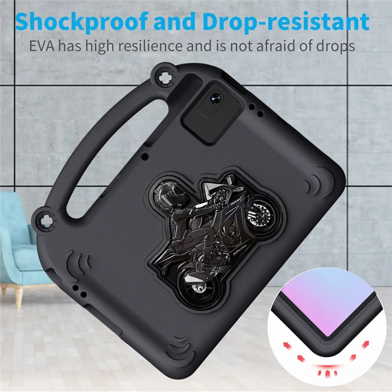 Motorcycle Kickstand EVA Case met handvat voor Samsung Galaxy Tab S11 / S10 FE / S9 FE / S9 / S8 / S7 / Xiaomi Pad 6 / Redmi Pad 2 / Redmi Pad SE / Lenovo Tab M11 / Huawei MatePad SE 11 - Zwart