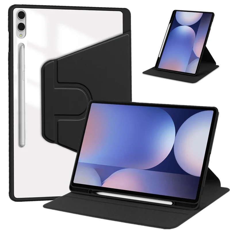 Cover per Samsung Galaxy Tab S11 Ultra con Supporto Rotante, Custodia in Pelle PU, Retro Acrilico Trasparente con Alloggiamento per Penna - Nero