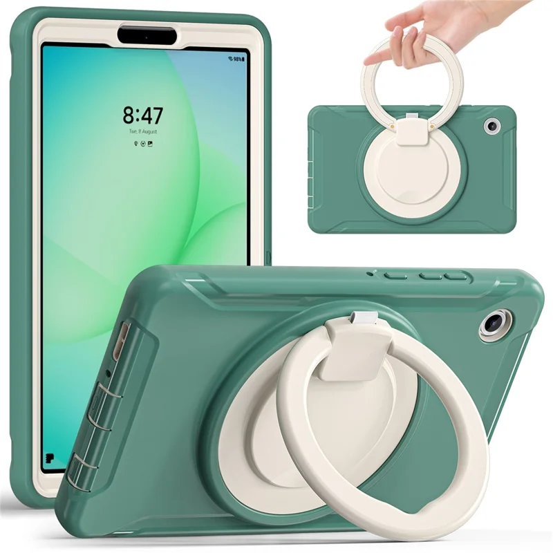 For Samsung Galaxy Tab A11 Case 360 Degree Rotary Kickstand Handle PC + TPU Hybrid Cover - Emerald Green