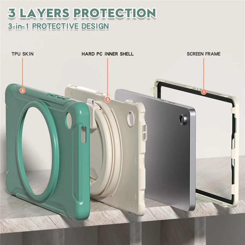 For Samsung Galaxy Tab A11 Case 360 Degree Rotary Kickstand Handle PC + TPU Hybrid Cover - Emerald Green