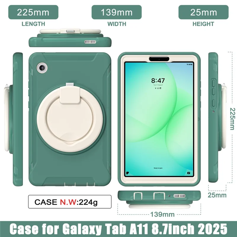 For Samsung Galaxy Tab A11 Case 360 Degree Rotary Kickstand Handle PC + TPU Hybrid Cover - Emerald Green