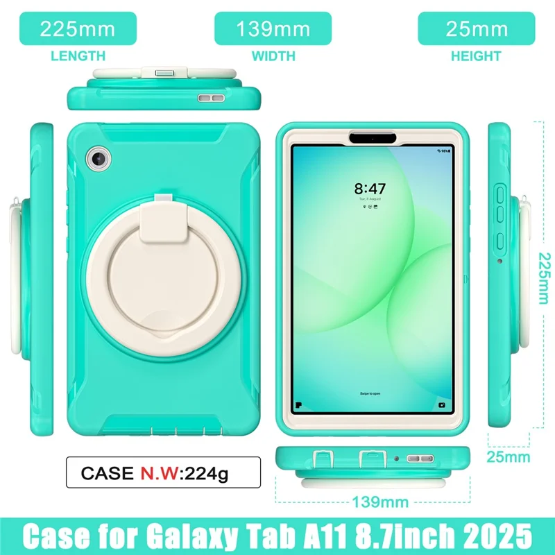 For Samsung Galaxy Tab A11 Case 360 Degree Rotary Kickstand Handle PC + TPU Hybrid Cover - Mint Green