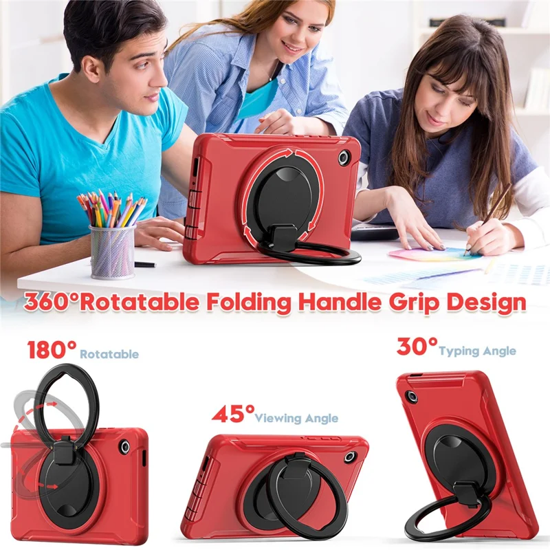 For Samsung Galaxy Tab A11 Case 360 Degree Rotary Kickstand Handle PC + TPU Hybrid Cover - Red