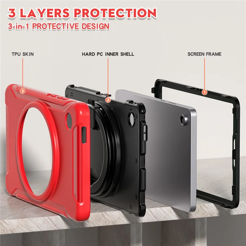For Samsung Galaxy Tab A11 Case 360 Degree Rotary Kickstand Handle PC + TPU Hybrid Cover - Red