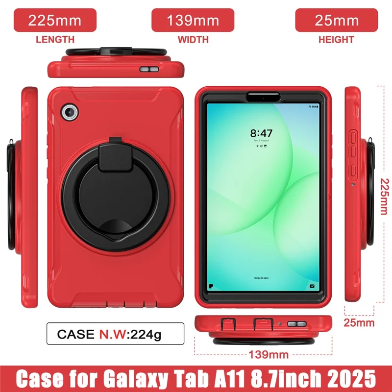 For Samsung Galaxy Tab A11 Case 360 Degree Rotary Kickstand Handle PC + TPU Hybrid Cover - Red