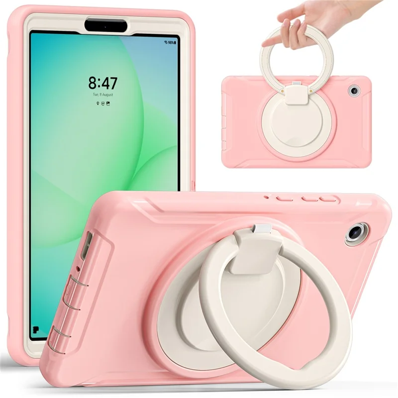 For Samsung Galaxy Tab A11 Case 360 Degree Rotary Kickstand Handle PC + TPU Hybrid Cover - Sakura Pink