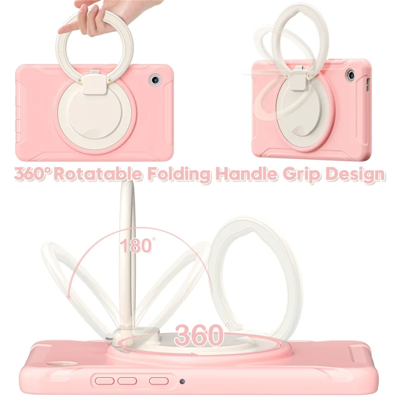 For Samsung Galaxy Tab A11 Case 360 Degree Rotary Kickstand Handle PC + TPU Hybrid Cover - Sakura Pink