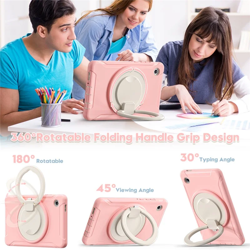 For Samsung Galaxy Tab A11 Case 360 Degree Rotary Kickstand Handle PC + TPU Hybrid Cover - Sakura Pink
