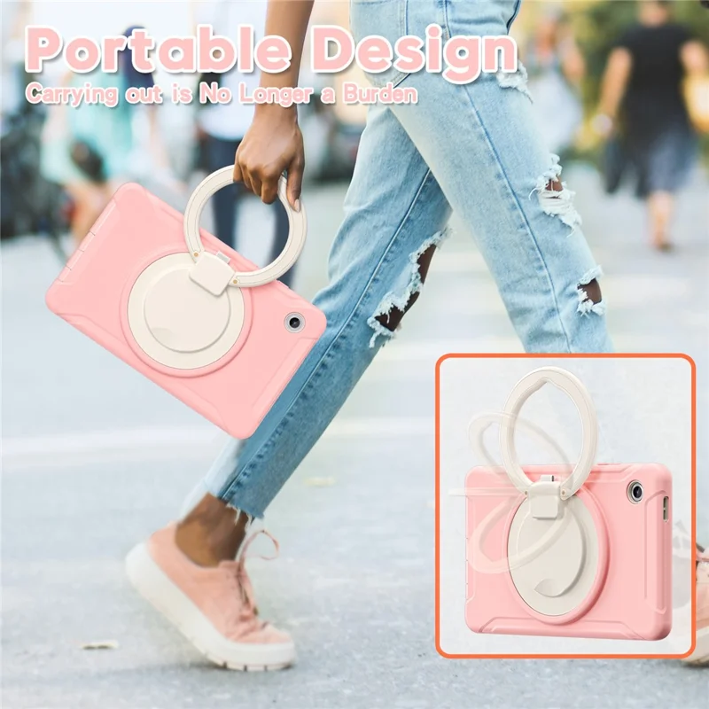For Samsung Galaxy Tab A11 Case 360 Degree Rotary Kickstand Handle PC + TPU Hybrid Cover - Sakura Pink