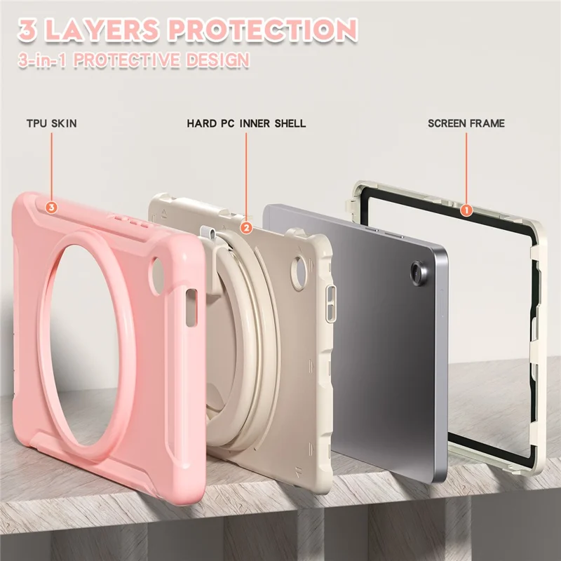 For Samsung Galaxy Tab A11 Case 360 Degree Rotary Kickstand Handle PC + TPU Hybrid Cover - Sakura Pink
