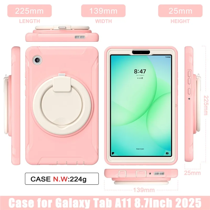 For Samsung Galaxy Tab A11 Case 360 Degree Rotary Kickstand Handle PC + TPU Hybrid Cover - Sakura Pink