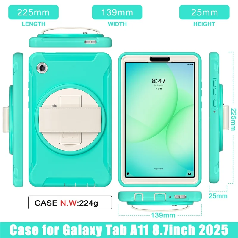Cover per Samsung Galaxy Tab A11 con Supporto Rotante Custodia PC + TPU per Tablet con Cinturino a Mano - Verde Menta