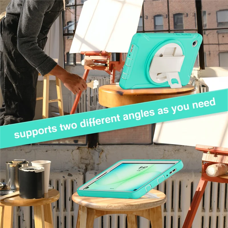 Cover per Samsung Galaxy Tab A11 con Supporto Rotante Custodia PC + TPU per Tablet con Cinturino a Mano - Verde Menta