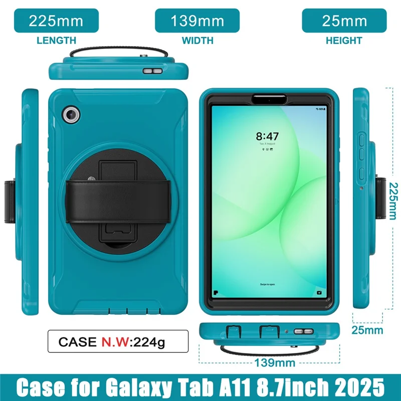 For Samsung Galaxy Tab A11 Case Rotary Kickstand PC + TPU Tablet Cover with Hand Strap - Baby Blue
