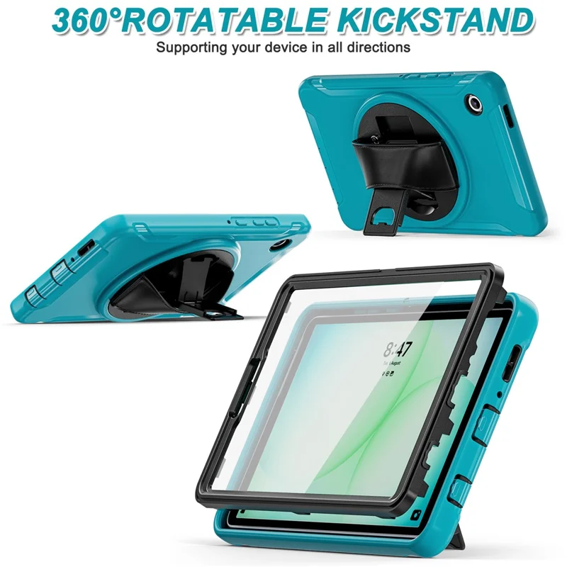 For Samsung Galaxy Tab A11 Case Rotary Kickstand PC + TPU Tablet Cover with Hand Strap - Baby Blue