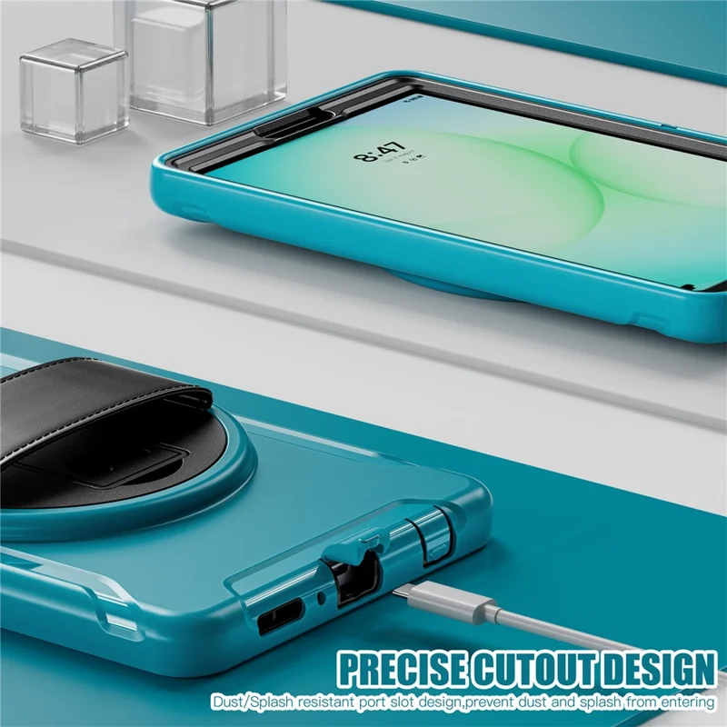 For Samsung Galaxy Tab A11 Case Rotary Kickstand PC + TPU Tablet Cover with Hand Strap - Baby Blue
