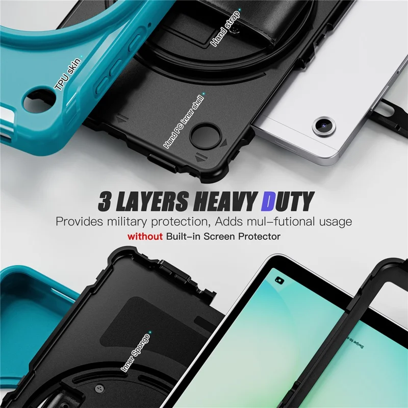 For Samsung Galaxy Tab A11 Case Rotary Kickstand PC + TPU Tablet Cover with Hand Strap - Baby Blue