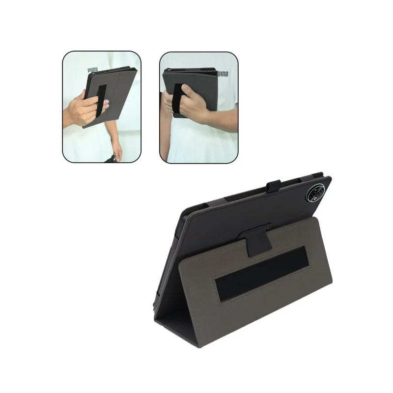 For Doogee Tab E3 Max Case Stand PU Leather Tablet Cover Built-in Hand Strap - Black