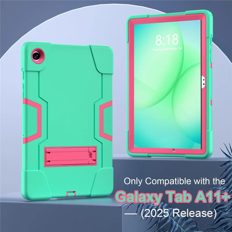For Samsung Galaxy Tab A11+ Case Robot Style Silicone + PC Tablet Cover with Kickstand - Mint Green  /  Rose