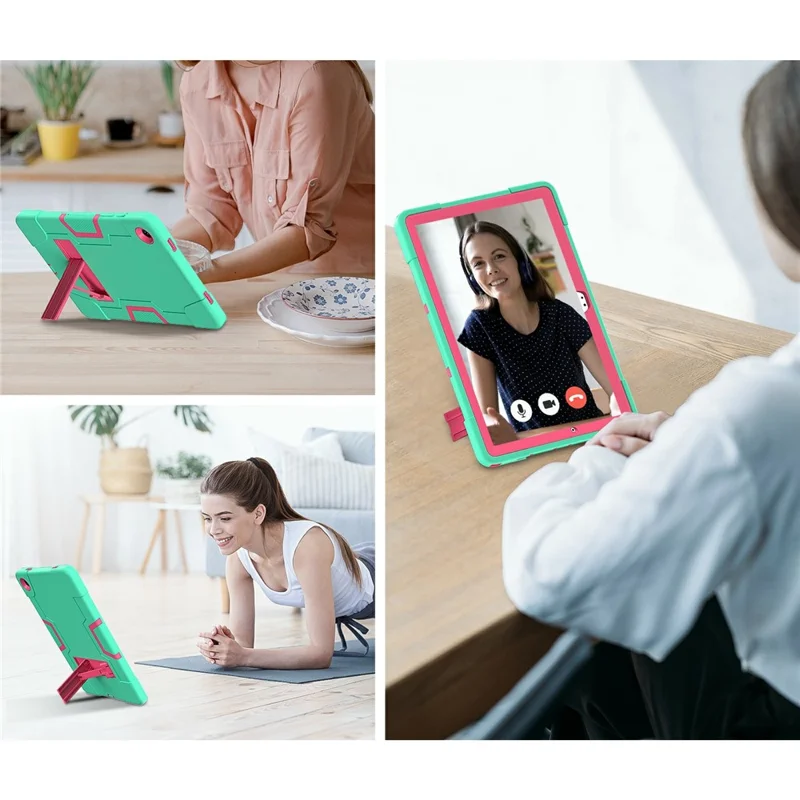 For Samsung Galaxy Tab A11+ Case Robot Style Silicone + PC Tablet Cover with Kickstand - Mint Green  /  Rose