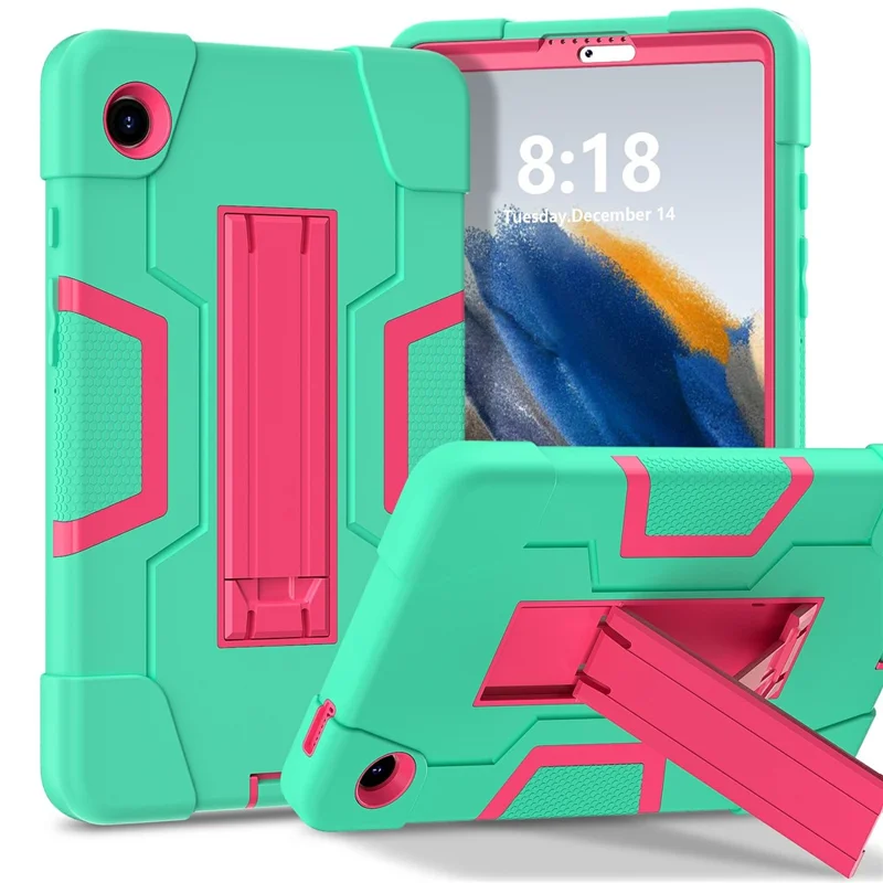 For Samsung Galaxy Tab A11 Case Robot Style Silicone + PC Tablet Cover with Kickstand - Mint Green  /  Rose