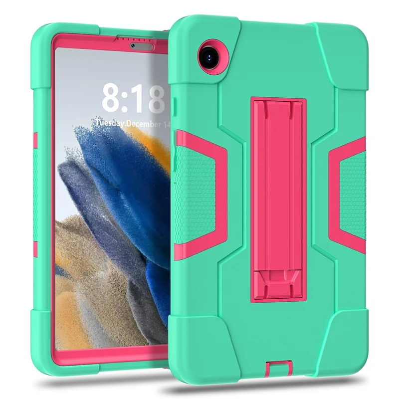 For Samsung Galaxy Tab A11 Case Robot Style Silicone + PC Tablet Cover with Kickstand - Mint Green  /  Rose