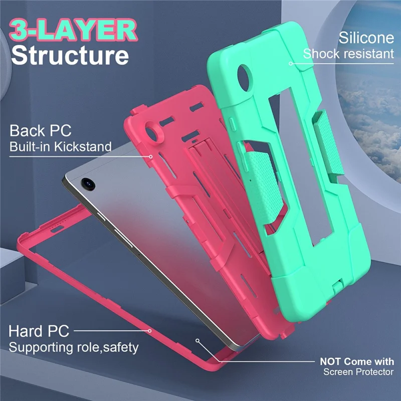 For Samsung Galaxy Tab A11 Case Robot Style Silicone + PC Tablet Cover with Kickstand - Mint Green  /  Rose