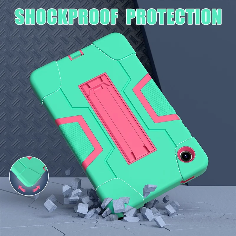 For Samsung Galaxy Tab A11 Case Robot Style Silicone + PC Tablet Cover with Kickstand - Mint Green  /  Rose