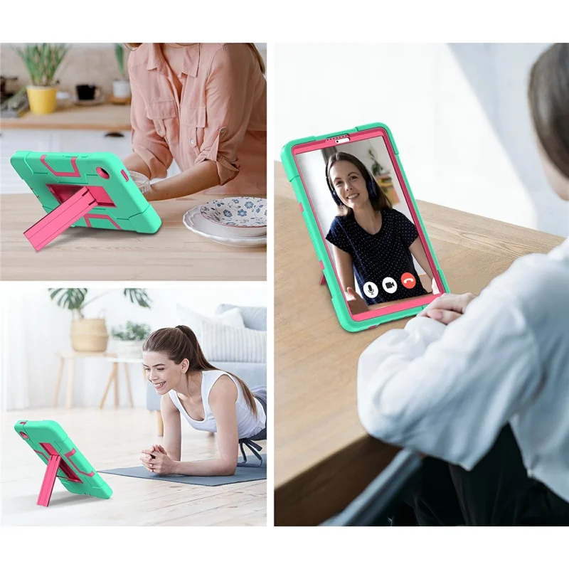 For Samsung Galaxy Tab A11 Case Robot Style Silicone + PC Tablet Cover with Kickstand - Mint Green  /  Rose