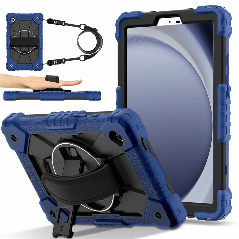 For Samsung Galaxy Tab A11 Case Silicone + PC Kickstand Tablet Cover with Handy Strap - Navy Blue  /  Black