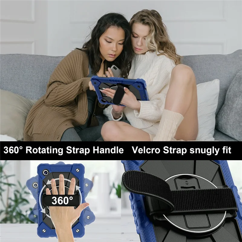 For Samsung Galaxy Tab A11 Case Silicone + PC Kickstand Tablet Cover with Handy Strap - Navy Blue  /  Black