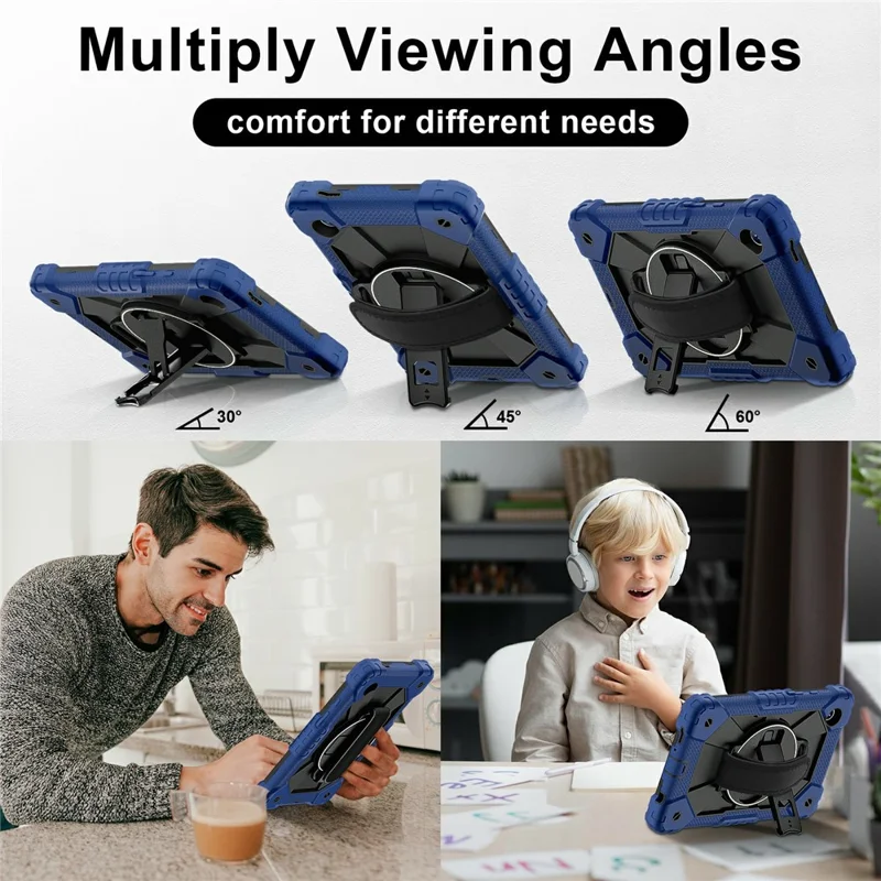 For Samsung Galaxy Tab A11 Case Silicone + PC Kickstand Tablet Cover with Handy Strap - Navy Blue  /  Black