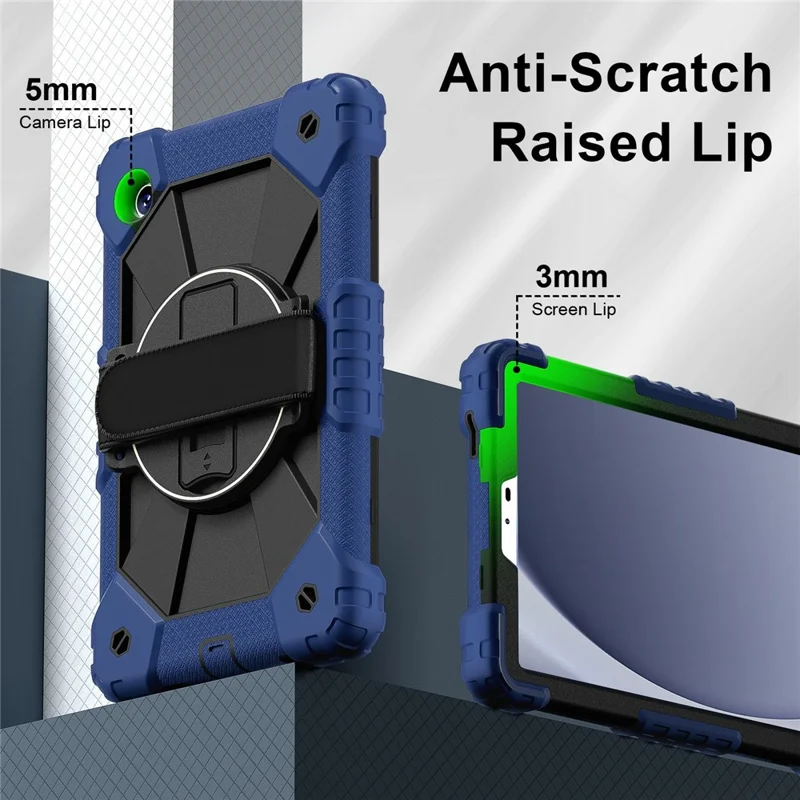 For Samsung Galaxy Tab A11 Case Silicone + PC Kickstand Tablet Cover with Handy Strap - Navy Blue  /  Black